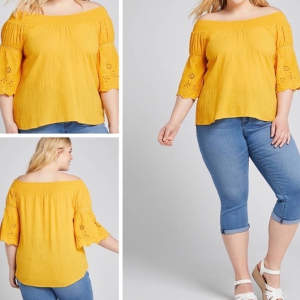 Lane Bryant Sunflower Yellow Off-Shoulder Embroidered Eyelet Sleeve Blouse 18/20